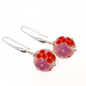 Handcrafted Lavender Red Floral Lampwork Earrings